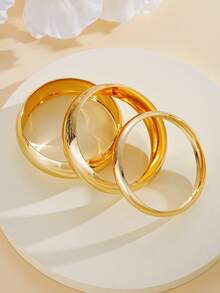 3pcs Vintage Exaggerated Luxurious Geometric Design Wide Metal Gold Bangle Set, Suitable For Daily Wear And Gift - Golden 7 - View 3