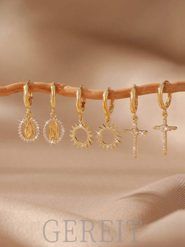 GEREIT 1 Paar 18K Gold Edelstahl Zirkonia Buddha Sonne Kreuz Ohrringe für Frauen, vielseitig für den täglichen Gebrauch