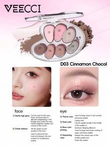 VEECCI Palet eyeshadow 7 warna yang cantik dan menawan, tahan lama dan anti luntur, berkilauan seperti mutiara, eyeshadow multiwarna, nuansa alami, cocok untuk pelajar, harga terjangkau, ideal untuk Halloween dan acara malam hari. - DO3 Kayu Manis Cokelat - View 2