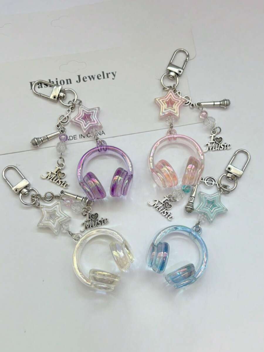 1个男女通用新款ins风透明音乐耳机造型钥匙扣，创意迷你麦克风星形音符配件，个性化手机挂绳，包包挂饰，钥匙链，送给音乐爱好者的礼物，可作为包包挂饰、汽车挂饰、老师礼物、朋友礼物、姐妹礼物等。 - 彩色 - 查看 1