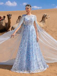 Faeriesty 优雅的串珠花卉图案长款晚礼服，搭配薄纱披肩和精致拖尾，适合梦幻花园晚宴、浪漫庆典和新娘梦幻秀。派对婚礼 - 藍色 - 查看 6