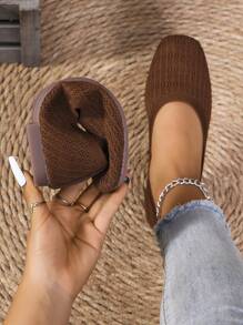 Women's Casual Knit Flat Shoes - Square Toe Slip-On With Tassel Detail, Lightweight Breathable Fabric Upper And Rubber Sole, Suitable For Walking, Home, Outdoor - Olive Green, Black, White, Brown, Comfortable For All Seasons, Casual Slip-On Mules, Synthetic Insole