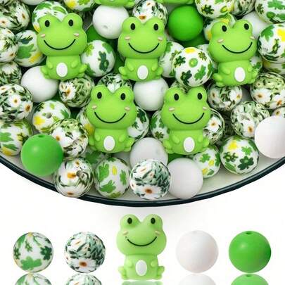 25pcs Cute Frog Silicone Beads Set - Vibrant Green And White, Smiling Frog Design, Suitable For DIY Jewelry Making, Bracelets, Keychains, Beading Pens And Craft Accessories, Craft Beads Supplies | Whimsical Bead Design | Flexible Bead Making | Frog Jewelry-Beads & Bead Assortment