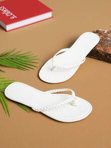 1 Pair Women's Woven Thong Flip Flops, White Casual Flat Sandals, Summer Holiday Style