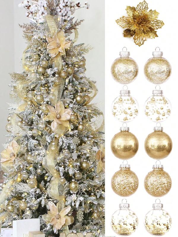 10pcs-Christmas Ball Ornaments Gold Christmas Ornaments Set And Christmas Flowers For Christmas Tree Decoration Shatterproof Christmas Hanging Balls For Christmas Party Home Decoration, Christmas, For Holiday Wedding Christmas Tree Decoration,Gold Christmas Decoration,Artificial Cold Christmas Tree Ornaments,DIY Christmas Ball Ornaments
