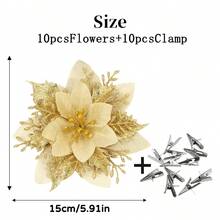 1/10/20/30pcs Poinsettia Christmas Decorations (With Clips) - 10pcs Artificial Flowers Red, Gold, Silver Christmas Tree Ornaments Glitter New Year Wedding Party Wreath DIY Decor, Packaged Home Decor Room Decor - Gold - View 5