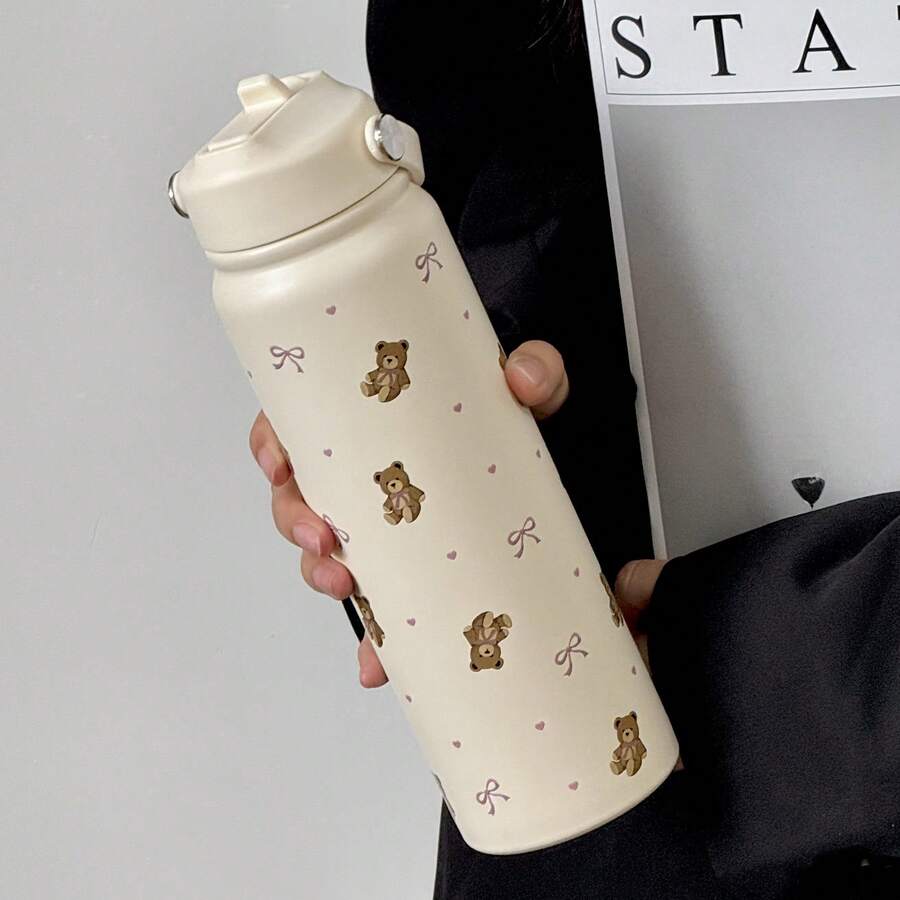 800ml süßer Bär Schleifen Muster Edelstahl isolierte Wasserflasche - tragbare Reise Tasse für heiße & kalte Getränke, ideal für Kaffee, Saft, Milch, Geschenke, Partys, Geburtstage, Valentinstag, Weihnachten und Schulanfang
