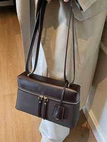 Bolso de mano con diseño de cámara vintage, bolsa tipo bento, bolsa de almuerzo con textura de litchi, bolso de moda vintage de alta gama para transporte otoño/invierno 2025 para llevar al hombro, debajo del brazo o cruzado - Café - Ver 8