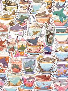 50 Stücke lustige Cartoon Becher Hai Aufkleber für Laptop, Skateboard, Computer, Autos, Kühlschrank, Handy, Dekoraufkleber