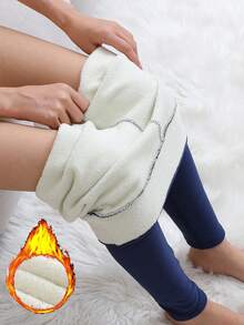 1pc Winter Sport Leggings High Waist Thick Wool Pants Warm Velvet Thick Thermal Pants Fleece Legging Winter Clothes Women - Navy Blue - View 4