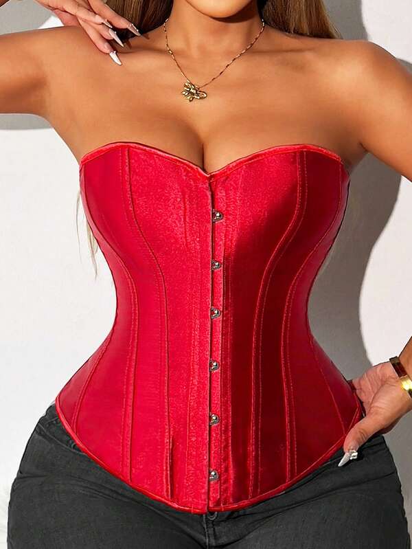 1 pieza Corsé de busto alto para mujeres, corsé rojo sexy tipo bustier, lencería gótica con tanga gratis, disfraz de Navidad, parte superior para salir/usar en fiesta de Halloween