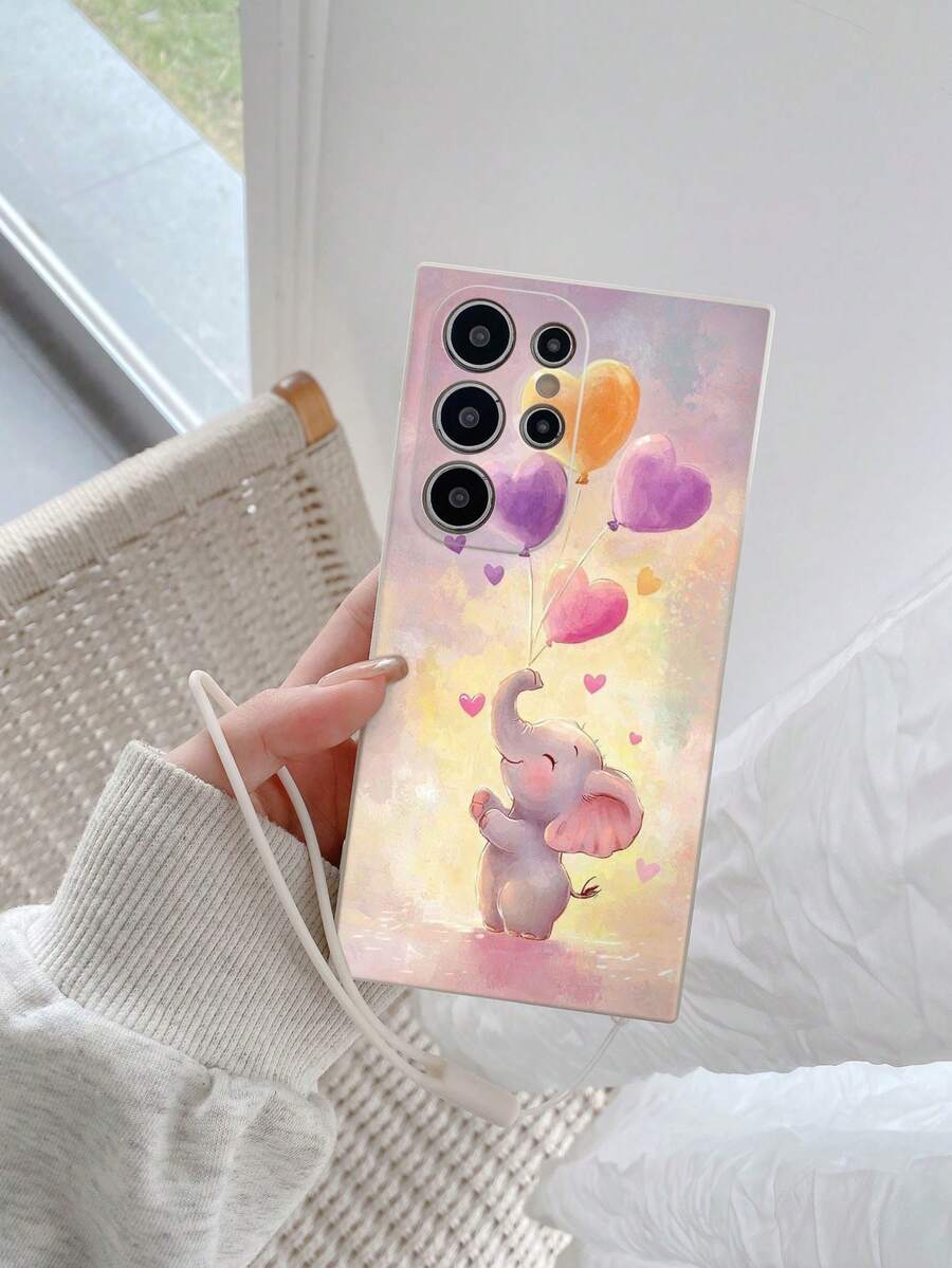 1 pieza Funda de teléfono a prueba de golpes con patrón de elefante y conejo de dibujos animados de TPU blanco y 1 pieza Correa de cordón de silicona blanco, compatible con teléfonos Apple/Android - Multicolor - Ver 1