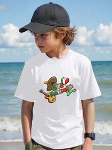 KID002|Halloween|Camiseta de manga corta con cuello redondo para KID002|Halloweens|Para KID002|Halloweens de 4 a 15 años|Enviado desde México|Suave y amigable con la piel|Temporada de regreso a clases|Halloween|Elegante y versátil|Adecuado para uso diario y de regreso a la escuelaCamisa de KID002|Halloween blanca con dibujos iconográficos mexicanos como sombrero, guitarra, corazon con colores de la bandera y cactus, con el lema "Viva Mexico" - Blanco - Ver 1