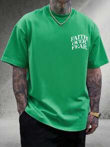 Men's Graphic T-Shirt, Faith Over Fear, Everyday Wear, 100% Cotton, Unisex, Gift Idea For Him Or Her, Streetwear Design, Comfortable Casual Top - 綠色 - 查看 2