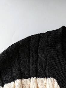 女士休闲条纹V领绞花针织套头毛衣，长袖宽松针织衫，适合日常穿着、返校季、街头风，Y2K秋冬黑色 - 黑色 - 查看 3