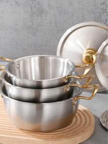3 Pieces/Set Set Of Stainless Steel Pans With Golden Handles (Includes 3 Different Size Pans - Small Size Can Be Used As Rice Cooker, Food Pot, Etc. The Medium Size Can Be Used As Instant Noodle Pan, Soup Pot For Two People. Large Size Can Be Used As Family Soup Pot, Small Fact) - Silver - View 9