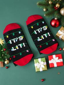 1 Pair Novelty Christmas Light Design Mid-Calf Socks, Fun Socks, Christmas Socks Gift For Men, Women And Teens, Unisex