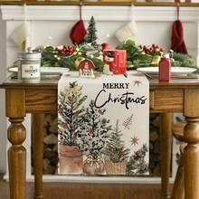 1pc Christmas Tree & Holly Cone Shaped Christmas Happy Table Runner, Seasonal Winter Kitchen Dining Table Decor For Home Party, 13x72 Inches - Multicolor - View 5