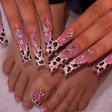 48Pcs Leopard French Tips Press On Nails Long Stiletto Fake Nails With Green Striped Design Zebra French Tips Press On Toenails Rhinestones False Toenails Short Square Fake Toenails For Women Manicure-363629 - FGH-22 - Xem 2