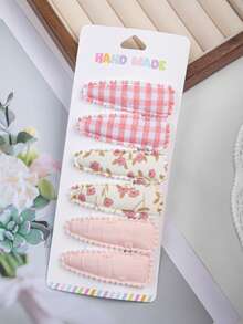 6件儿童发夹，印花婴幼儿女孩发夹，防滑包裹式发夹，花朵发夹，女孩发饰