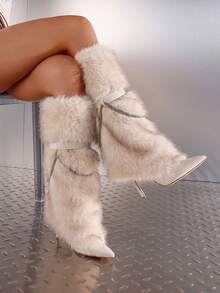Women's Fuzzy Pointy Toe Skiny Heel Knee-High Boots Metal Chain Decor Faux Fur High Heels Sexy Party Fashion Shoes Autumn Winter - 杏色 - 查看 6