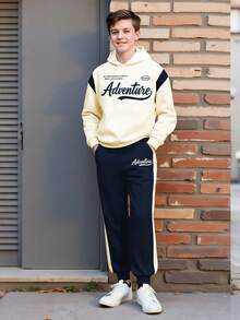 2pcs/Set Teenager Boys Thick Hoodie & Sweatpants Set, Letter Print Casual Knit Long Sleeve Top & Pants Outfit, Autumn/Winter - Apricot - View 1