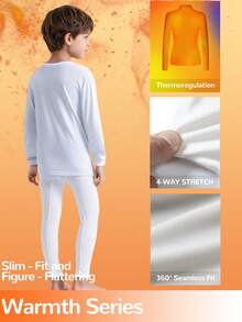Tween Boys' Thermal Underwear Set (8Y-12Y / 120cm-160cm) - Round Neck Long Sleeve Top & Pants, White | Thermal Lined, Ultra Warm & Breathable | Slim Fit For Home Play, School Runs, Ski Trips | Anti-Static, Quick-Dry | Winter/Christmas Essential