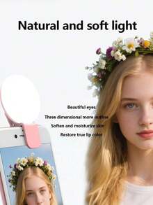 1 件便携式 LED 自拍灯，USB 可充电夹式环形灯，可调节 3 级亮度，紧凑型旅行小工具，适用于夜间摄影、视频博客、化妆照明和直播，适合自拍和直播、摄影、便携式手机灯 - 淺粉色 - 查看 4