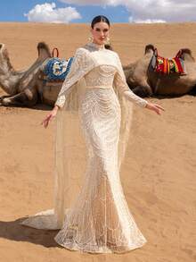 Faeriesty Valentine's Day Haute Glamour Luxe Two Pieces Sparkly Beaded Gown Set: Beaded Sequin Mermaid Gown & Fish Scale Beaded Cape, Long Sleeve Sheer Design With Cinched Waist - Elegant Bridal & Evening Wear Perfect For Weddings, Red Carpet Events, And Formal Galas For Women Birthday Outfit Clothes - Champagne - View 10