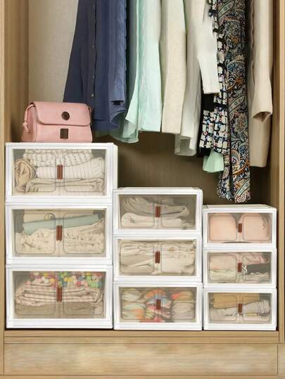 50cm/2/3layers  Storage Bins With Lids, 4PC Stackable Storage Bins With Wheels Collapsible Storage Bins, Foldable Storage Containers With Door For Home And Office Closet Organizers Storage Bins Plastic Box