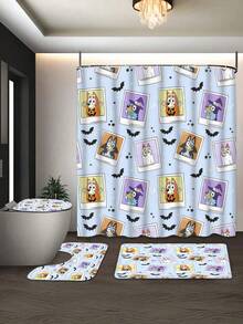 [Holiday Edition] 1/3/4pcs Bluey Family Cosplay Shower Curtain Set, Featuring Christmas Tree, Halloween Turkey Plaid Witch Hat, Bat Prints
