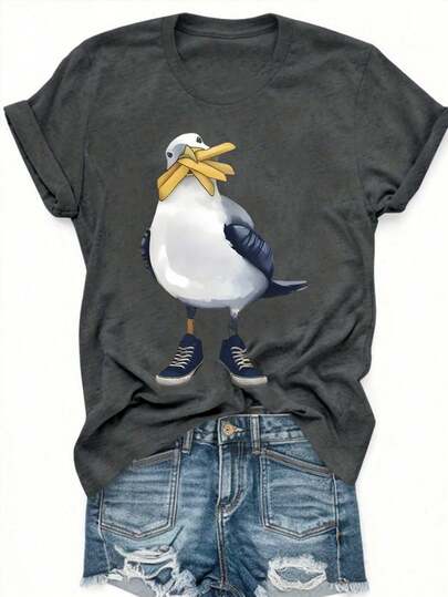 Plus Size Women Casual Loose Short Sleeve T-Shirt - Cute Seagull & Glasses/Sneakers Print, Lightweight Gray, Machine Washable, Comfortable For All Seasons