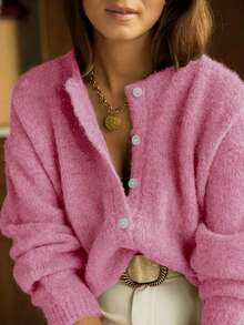 女士针织圆领开衫，纽扣细节设计，简约经典休闲风格，适合日常穿着，秋冬毛衣 - 粉色 - 查看 2