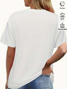 Camiseta Mujer Blanca de Algodón 180g con Cuello Redondo y Manga Corta, Estilo Casual, Diseño de Barco y Texto "Happy Columbus Day", Ideal para Fiestas o Uso Diario, Talla Regular, Suave y Cómoda. - Blanco - Ver 3