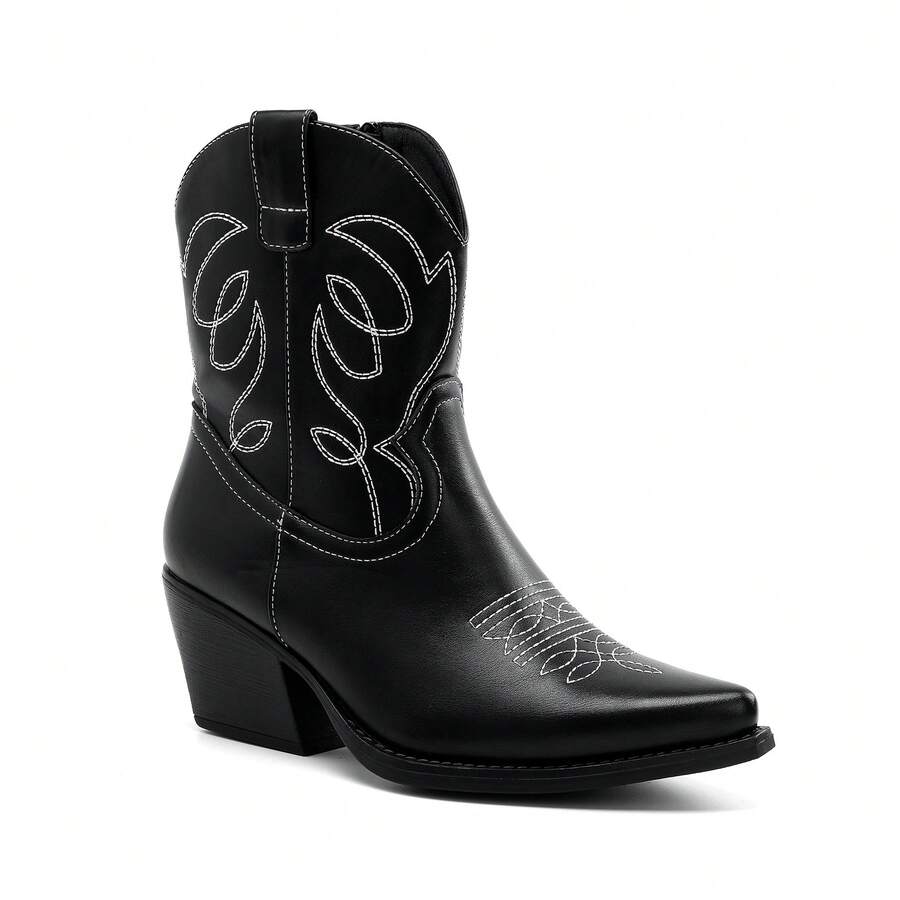 Damen Stickerei Quadrat Absatz Knie-Hohe Cowboy Stiefel - Eleganter Festlicher Stil - Schwarz - Übersicht 1