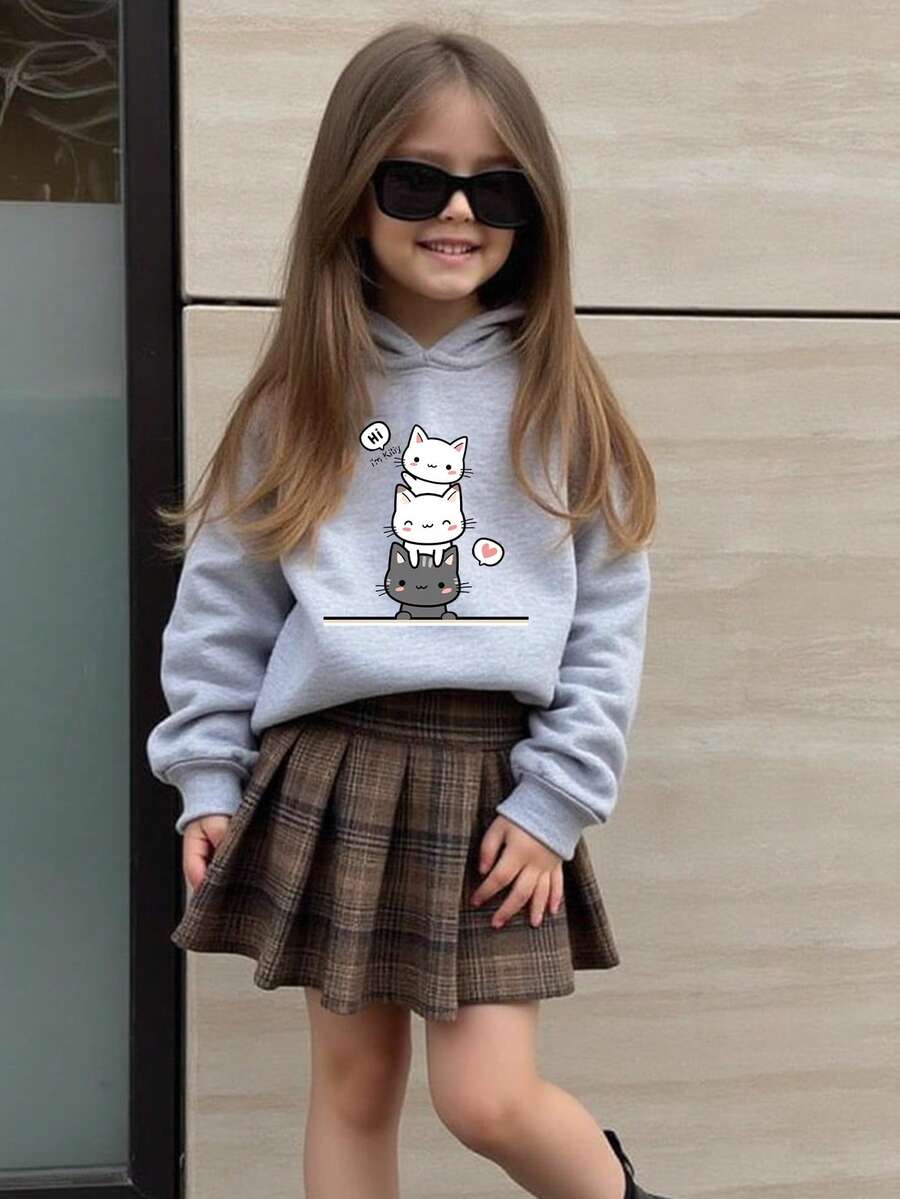 小女孩 3 只可爱猫咪卡通印花卫衣 - 灰色 - 查看 1