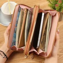 2025新款女士长款钱包双拉链手拿包刺绣时尚大容量软皮手机夹女士钱包钱包Y2K腕带钱包 - 粉色 - 查看 4