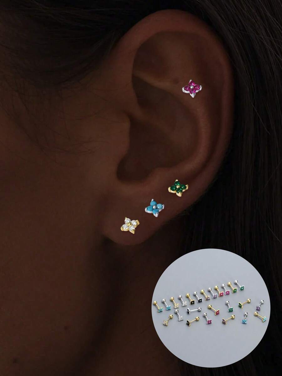 1PC S925 Sterling Silver Stud Earrings, Four-Leaf Clover Inlaid Zirconia Dopamine Series Piercing Stud Earrings, Ladies' Floral Zirconia Threaded Stud Earrings Layered Earrings - Single Earring - View 1