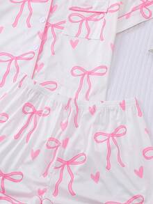 Set 2 buc. pijamale pentru femei, mărime plus, alb, bază, roz, cu imprimeu de inimă și fundă, cu mânecă scurtă, top moale cu nasturi și talie elastică, pantaloni scurți, drăguți, la modă, pentru fiecare zi/petrecere/acasă/timp liber - Roz - Vizualizare 7