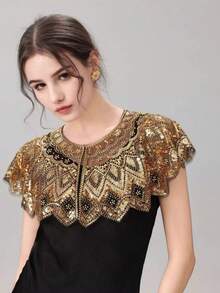 New Sequin & Beaded Shawl Collar Bolero Jacket, Glittering Short Formal Dress Outerwear, Retro Vintage Style, Gold Color - Multicolor - View 2
