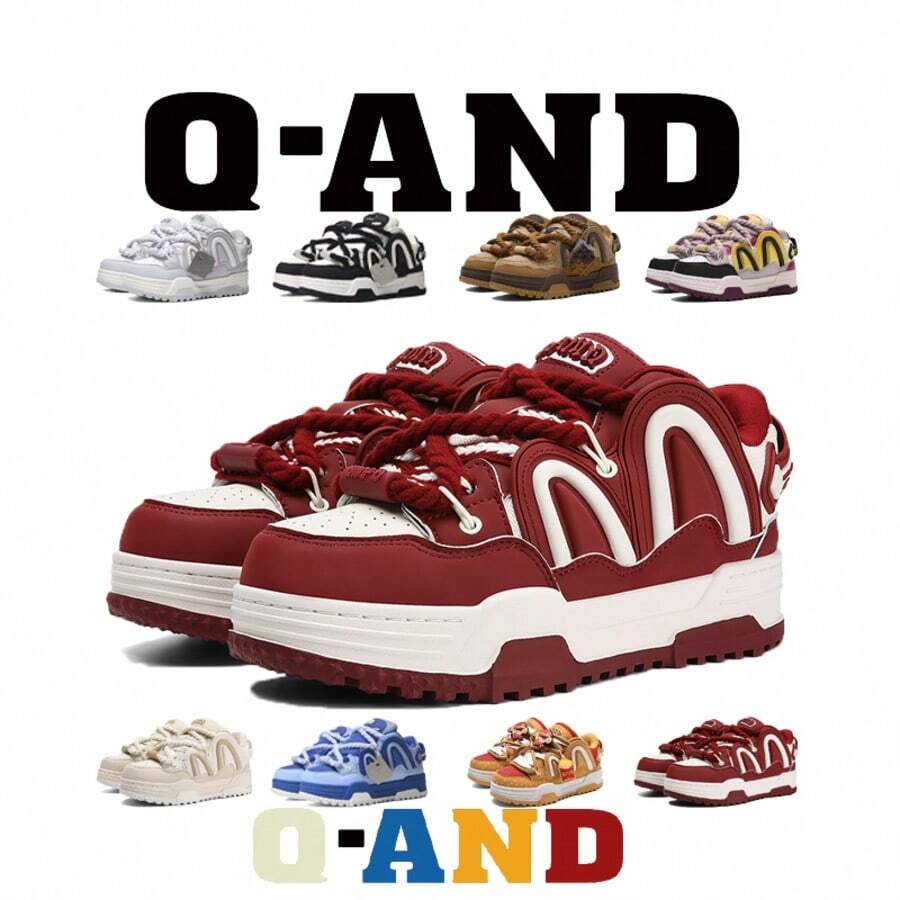 Q-AND Ladies Skateboard Shoes, Women's Outdoor Casual Sports Shoes 8 Colors Matching Women's Shoes Thick-Soled Casual Shoes Campus Sports Shoes Non-Slip Shock Absorption Thick Shoelaces Breathable Fabric Universal For All Seasons Suitable For Students, Outdoor Sports, Fashion Lovers - 紅色 - 查看 1