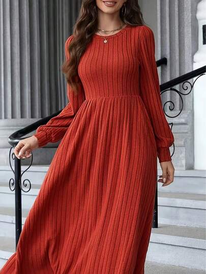 Vestido de manga larga de punto acanalado de unicolor para mujer, primavera/otoño