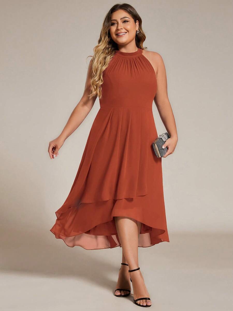 Đầm chiffon không tay, hở lưng, vạt bất đối xứng thanh lịch, thích hợp làm khách dự đám cưới, đầm phù dâu trong các bữa tiệc mùa thu xuân. - Màu Cam cháy - Xem 1