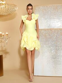 Đầm Maxi Băng Đô Thanh Lịch Cổ Cao Tay Dài Họa Tiết Hoa 3D Thanh Lịch Cho Nữ – Đầm Dạ Hội Trang Trọng Cho Khách Dự Tiệc Cưới, Dạ Hội, Tiệc Tùng - Màu vàng - Xem 6