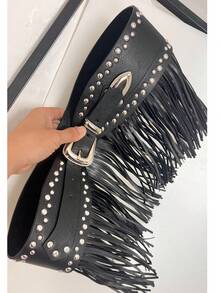 Amber Gradient Fringe Rivet Wide Waist Belt, Versatile Streetwear Accessory, Mecha-Inspired Waist Belt, Celebrity Same Style Leather Belt, Fashionable Waist Skirt - Multicolor - View 6