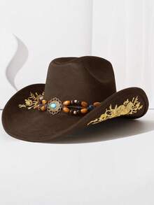 1PC 民族风格木珠装饰链刺绣高顶礼帽，欧美流行的西部牛仔帽，时尚简约百搭爵士帽，适合日常佩戴、生日派对、万圣节、西部主题活动、音乐节、音乐节等。 - A - 查看 6