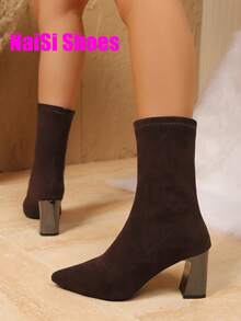 女士新款尖头粗跟弹力靴，绒面短靴，紧身靴，时尚高跟靴，百搭粗跟优雅靴，黑色靴子，棕色靴子 - 棕色 - 查看 6