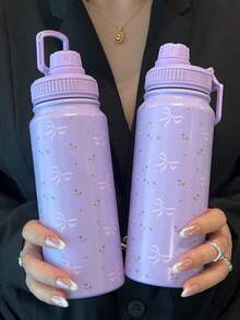 2024 热销 18 盎司/530 毫升美观白色不锈钢杯 - 压花玫瑰和蝴蝶结设计，防漏旋转盖，便携式手柄 | 24 小时保温，304，女士旅行杯