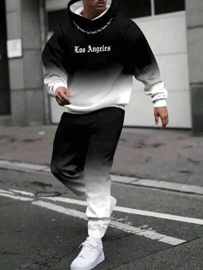 男士休闲连帽衫和运动裤套装，秋冬时尚风格，舒适两件套服装