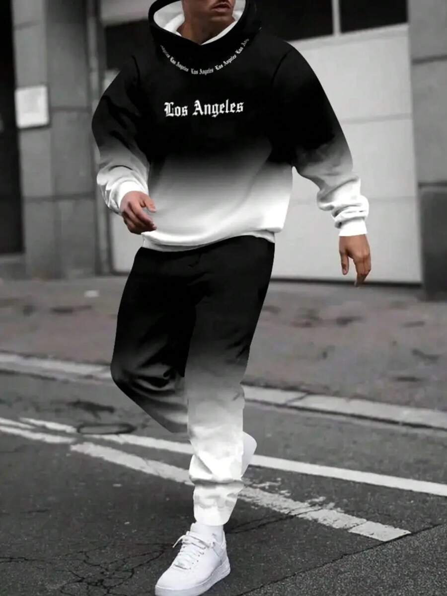 男士休闲连帽衫和运动裤套装，秋冬时尚风格，舒适两件套服装 - 彩色 - 查看 1